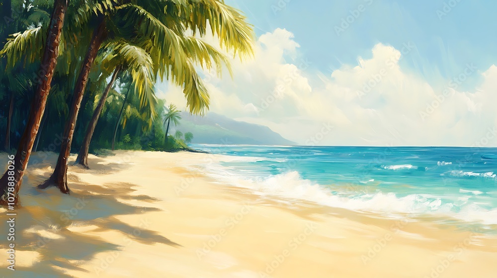 Obraz premium A serene sunlit beach with palm trees and golden sand
