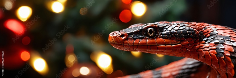 Fototapeta premium Symbol of the year of the snake on a blurred background of a Christmas tree. Banner with copy space. Merry Xmas.