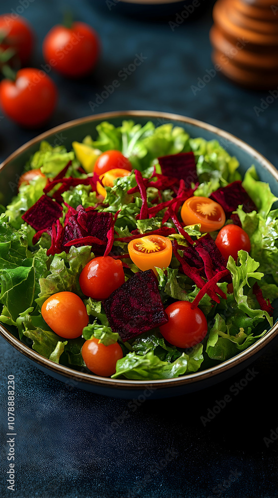 A bowl of fresh salad with cherry tomatoes, beetroot, and lettuce on a dark blue surface. A bowl of fresh salad with cherry tomatoes, beetroot, and lettuce on a dark blue surface.
