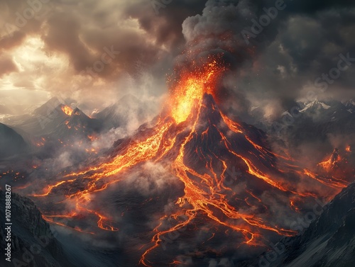 Dramatic scene of a volcano erupting with lava spewing from the crater, thick ash clouds, showcasing nature's raw power	