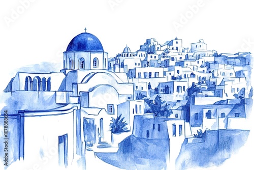 Artistic watercolor of Santorini. Watercolor of the famous city of Oia. Old famous mills. Romantic holidays and a nice souvenir. Oia, Santorini, Greece

