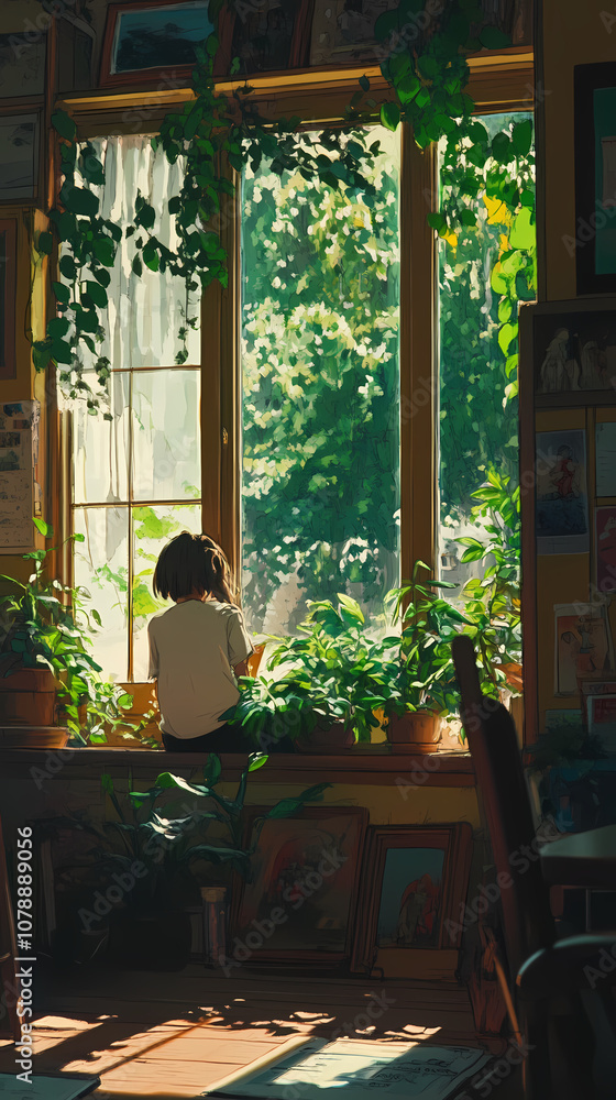 Anime Manga Illustration: Cozy Plant by the Window Nostalgic Art Anime Manga Illustration: Cozy Plant by the Window Nostalgic Art