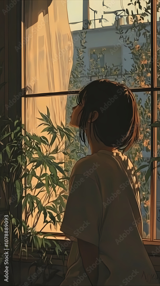 Anime Manga Illustration: Cozy Plant by the Window Nostalgic Art Anime Manga Illustration: Cozy Plant by the Window Nostalgic Art