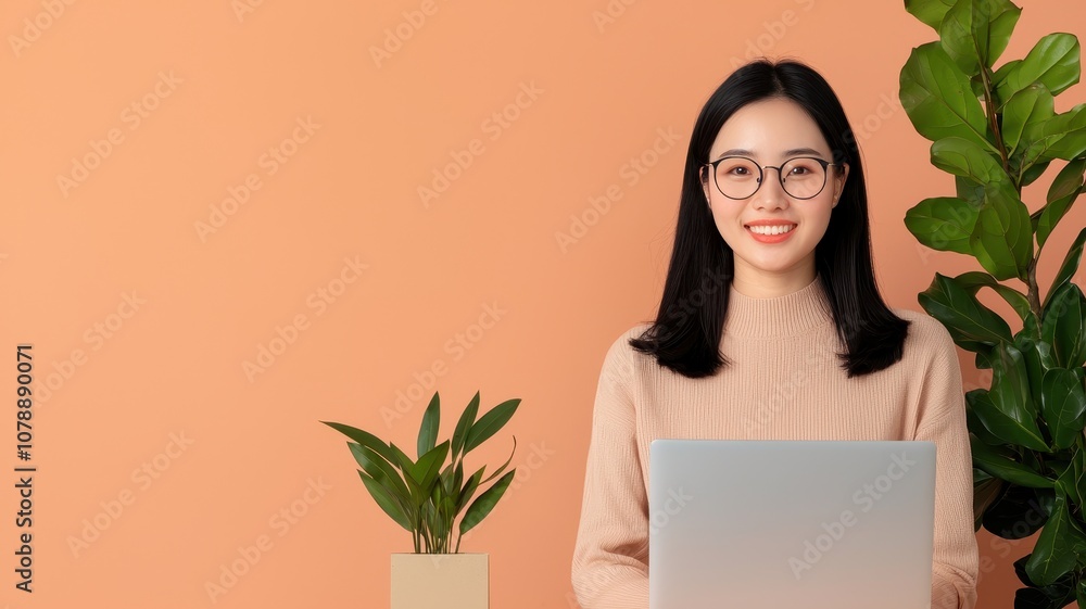 businesswoman leader. A smiling woman in glasses sits at a laptop in a cozy, plant-filled workspace with a warm orange wall. businesswoman leader. A smiling woman in glasses sits at a laptop in a cozy, plant-filled workspace with a warm orange wall.