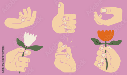 Gestures of hands showing non verbal elements of communication. Vector isolated symbols - okay, snap, give a flower, success