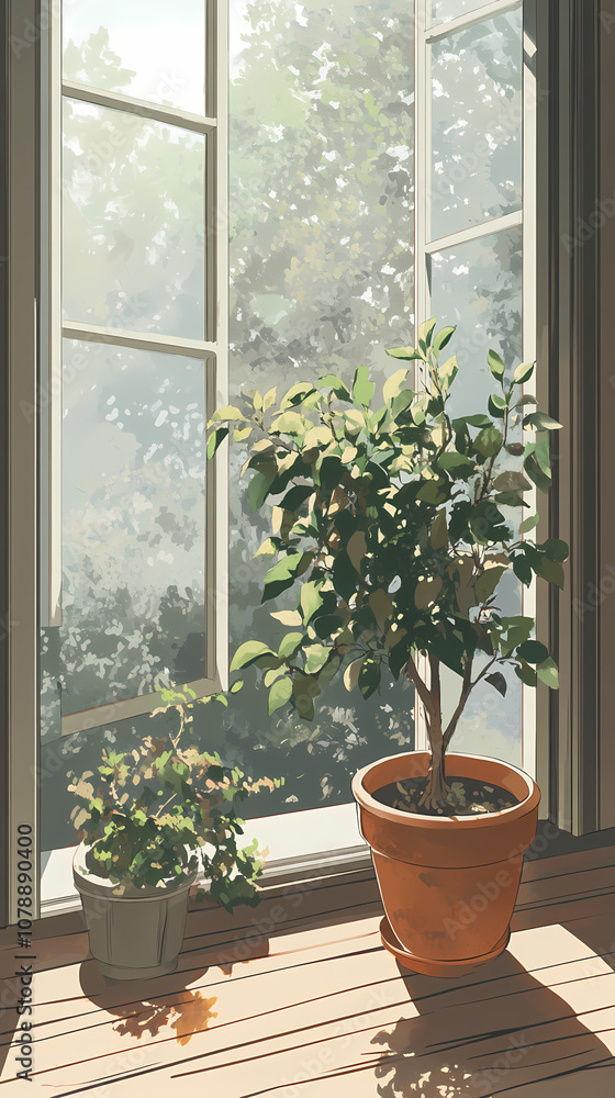 Anime Manga Illustration: Cozy Plant by the Window Nostalgic Art Anime Manga Illustration: Cozy Plant by the Window Nostalgic Art