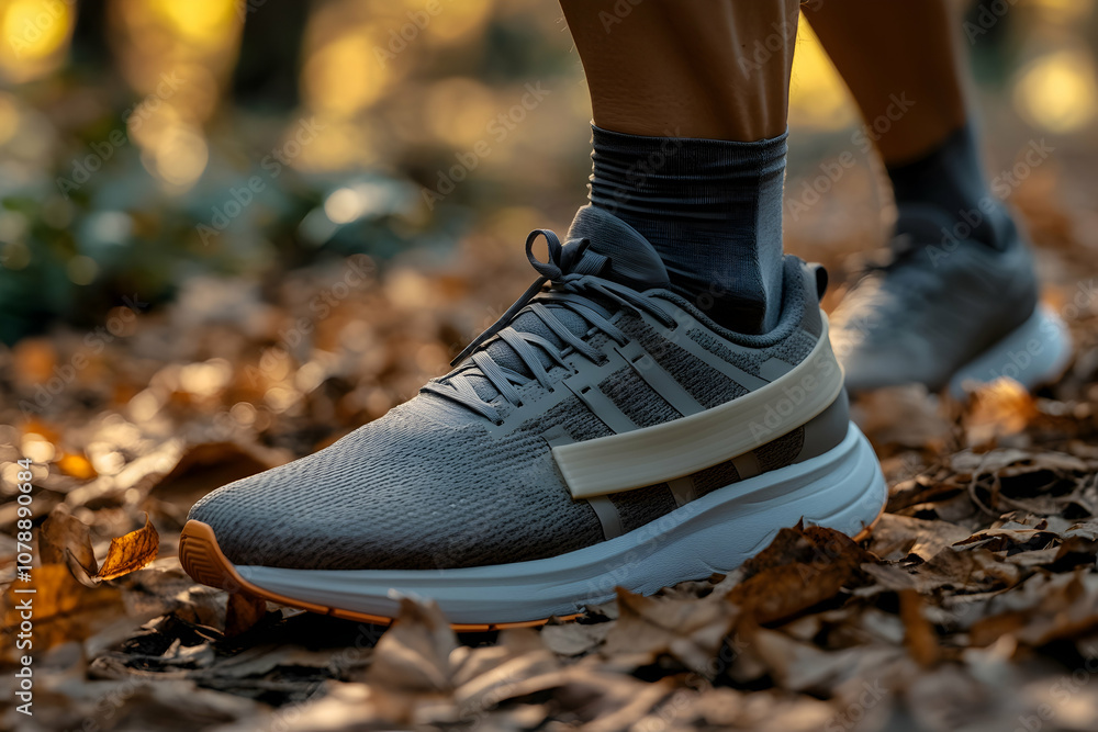 Closeup of a runner's feet on a trail, wearing grey running shoes. Closeup of a runner's feet on a trail, wearing grey running shoes.