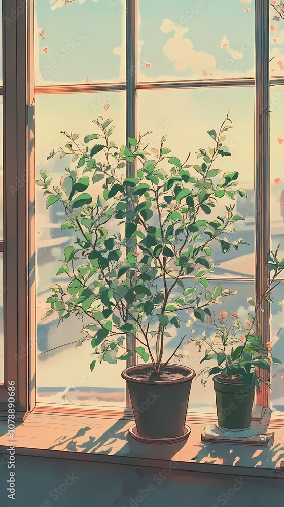 Anime Manga Illustration: Cozy Plant by the Window Nostalgic Art Anime Manga Illustration: Cozy Plant by the Window Nostalgic Art