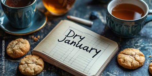 new year resolutions, a close-up shot of a planner or journal with bold dry january inscription, set amidst tea and cookies
