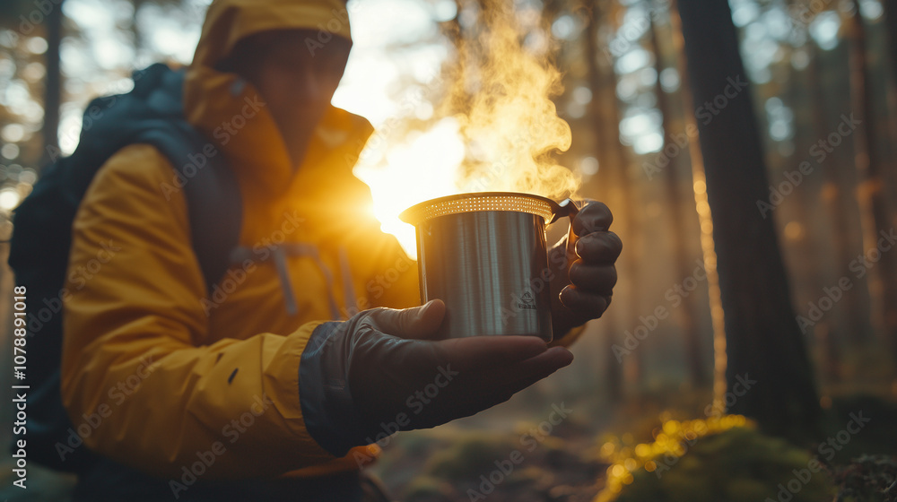 Hiker Enjoying a Warm Cup of Coffee in the Morning Forest Hiker Enjoying a Warm Cup of Coffee in the Morning Forest