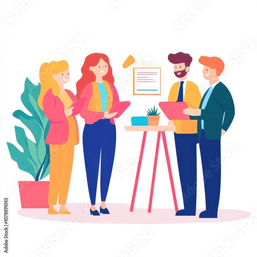 A colorful illustration showing a diverse group of professionals engaged in a productive team discussion around a table.