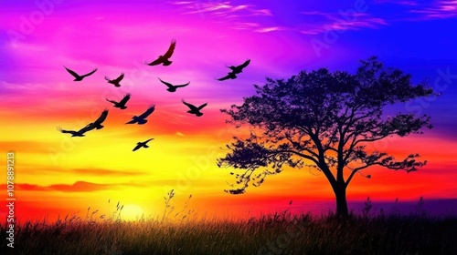 Vibrant Sunset Over a Silhouette Tree with Flying Birds and Colorful Sky in a Tranquil Landscape Offering Serenity and Natural Beauty photo