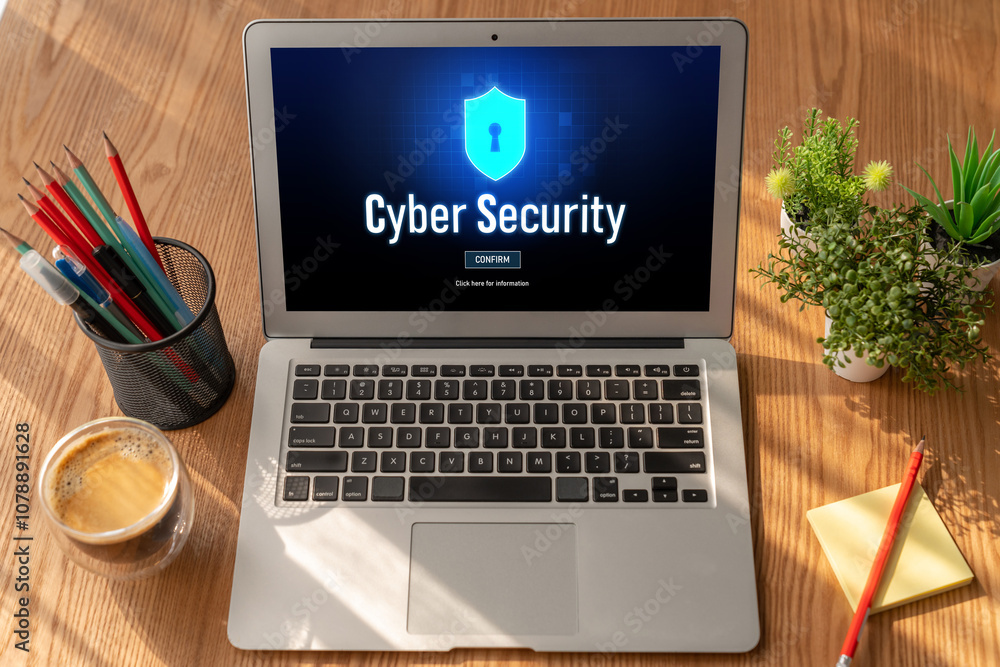 Fototapeta premium Cyber security system on computer screen protect private information snugly from hacker and cyber attack