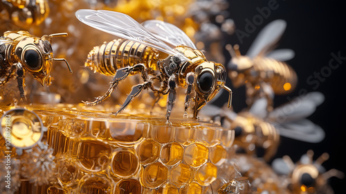Crystal beehives with brass automaton bees, gear-driven honeycomb, golden nectar streams 