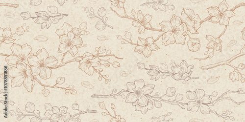 Flower pattern. Seamless cherry floral background. Sakura blossom japanese craft paper. Line abstract spring art, sketch print. Elegant texture gold beige vintage vector. Cherry flower branch pattern