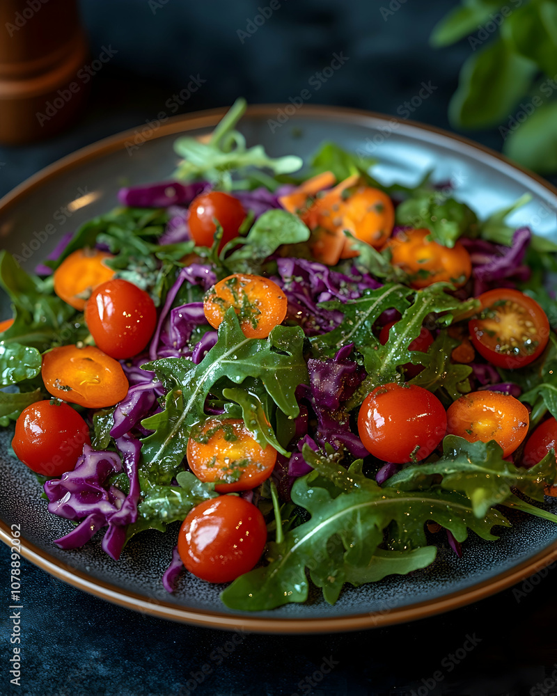 Fresh salad with red cabbage, arugula, and cherry tomatoes.