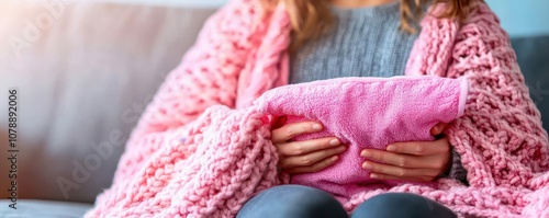 Wallpaper Mural A cozy moment with a woman holding a soft pillow while wrapped in a warm blanket, reflecting comfort and relaxation. Torontodigital.ca