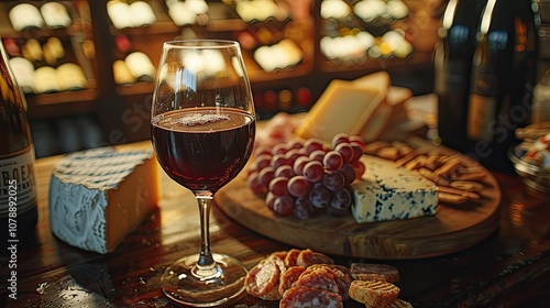 A glass of red wine with a cheese and charcuterie board on a wooden table with a wine cellar in the background.