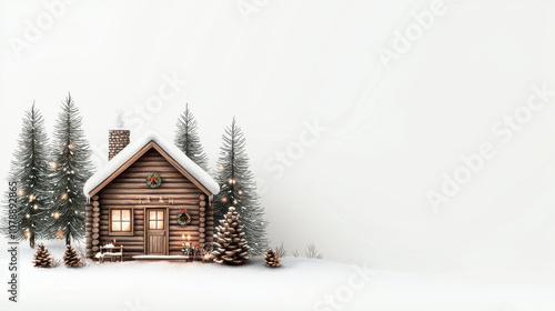 Cozy cabin in woods with snow covered trees and festive decorations