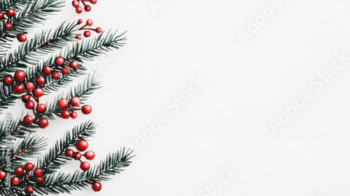 Festive pine branches with red berries create cheerful holiday atmosphere