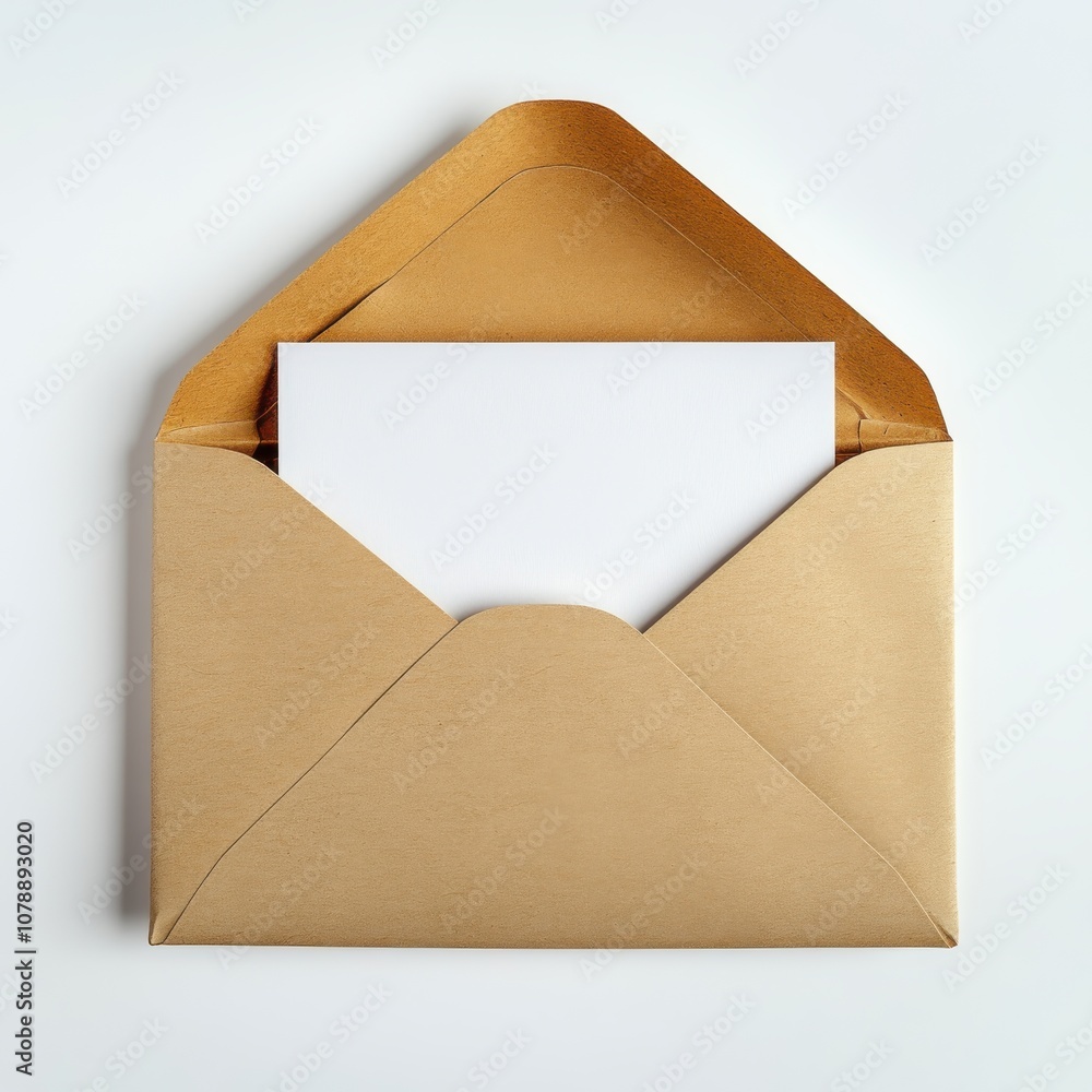 A golden envelope opened slightly, revealing a blank white card inside against a plain background for minimalist design. A golden envelope opened slightly, revealing a blank white card inside against a plain background for minimalist design.