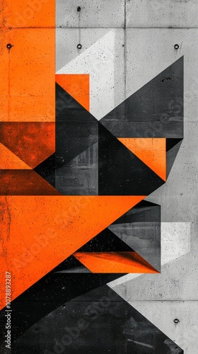 A black and orange abstract painting with a gray background