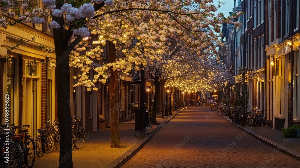 Fototapeta premium Enchanting Evening Stroll Through Blossom-Laden Street with Illuminated Trees and Charming Building Facades in a Serene Urban Setting