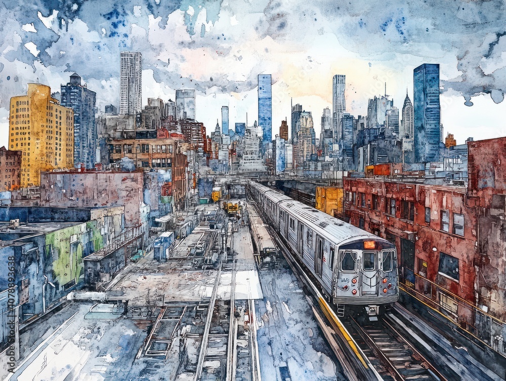 Fototapeta premium A watercolor painting of a cityscape. Vibrant cityscape with watercolor accents