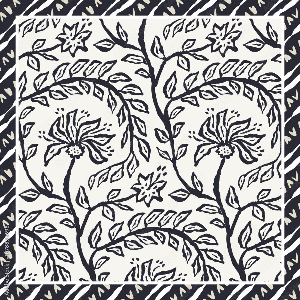 Monochrome black and white brush strokes inky trailing flowers scarf or bandana design. Abstract floral contemporary minimalist background. Monochrome black and white brush strokes inky trailing flowers scarf or bandana design. Abstract floral contemporary minimalist background.