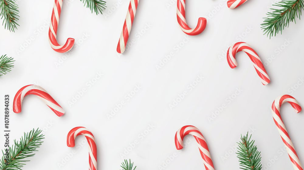 Candy canes and pine branches create festive holiday atmosphere Candy canes and pine branches create festive holiday atmosphere