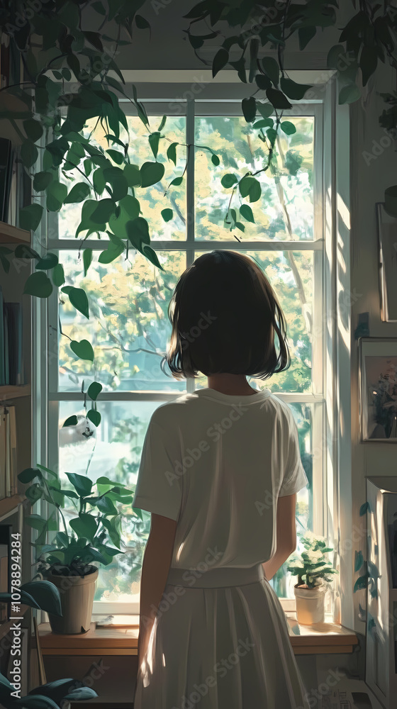Nostalgic Anime Manga Art: Plant by the Window Illustration Nostalgic Anime Manga Art: Plant by the Window Illustration