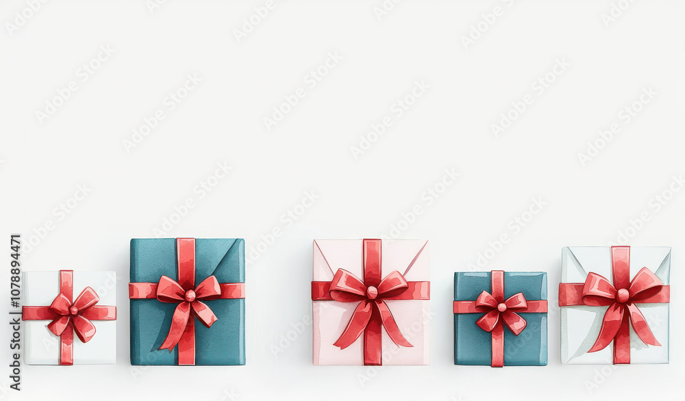 Fototapeta premium Wrapped gift boxes with red ribbons create festive atmosphere