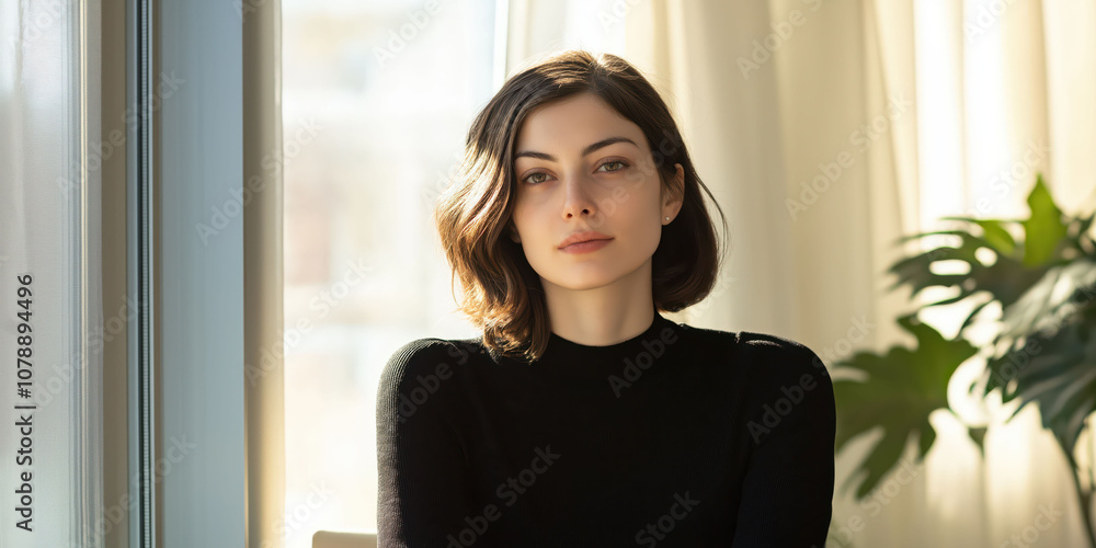 Serene woman relaxing by sunny window in minimalist setting Serene woman relaxing by sunny window in minimalist setting
