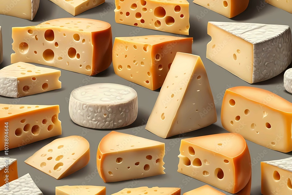 High-quality cheese illustrations featuring gouda, cheddar, brie with professional texture High-quality cheese illustrations featuring gouda, cheddar, brie with professional texture