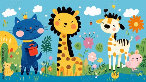 Cute Cartoon Animals in a Colorful Meadow with Flowers