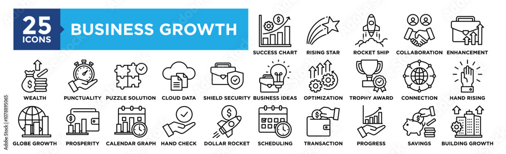 Business Growth icon collection set. Containing design Success Chart, Rising Star, Rocket Ship, Collaboration, Enhancement Business Growth icon collection set. Containing design Success Chart, Rising Star, Rocket Ship, Collaboration, Enhancement