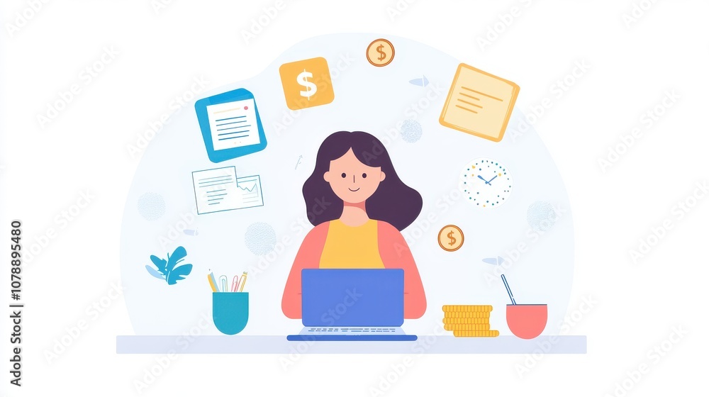 A woman working on a laptop surrounded by financial documents and items, representing productivity and modern finance. A woman working on a laptop surrounded by financial documents and items, representing productivity and modern finance.