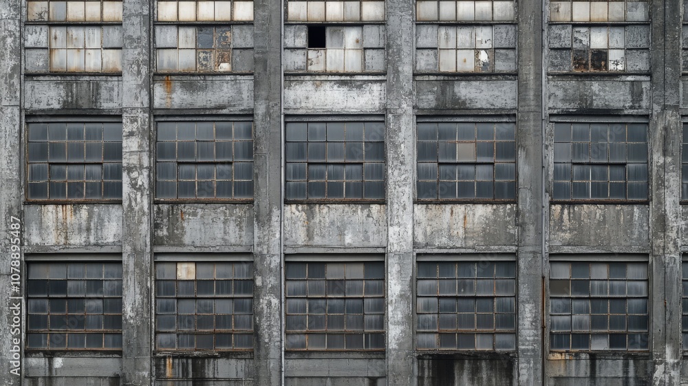 A detailed view of a gray concrete building facade with multiple paned windows, showing the building's worn texture and industrial design A detailed view of a gray concrete building facade with multiple paned windows, showing the building's worn texture and industrial design