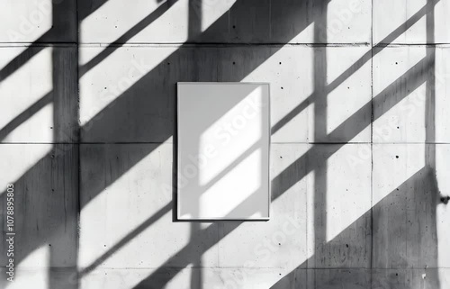 Typical vertical white rectangle poster mockup with diagonal window shadow on smooth gray concrete wall. Flat lay, top view. Open design.

