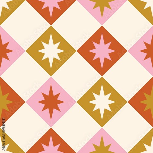 Retro star checkered seamless pattern. 