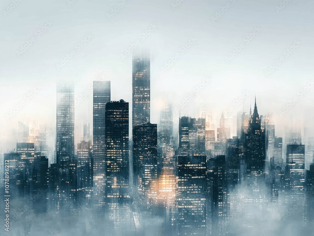 Abstract cityscape with skyscrapers and city lights in cool grey tones Abstract cityscape with skyscrapers and city lights in cool grey tones