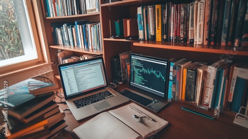 Cozy Home Office Setup with Two Laptops, Open Notebook, and a Wealth of Books on Shelves in a Natural Light Environment, Perfect for Productivity Enthusiasts