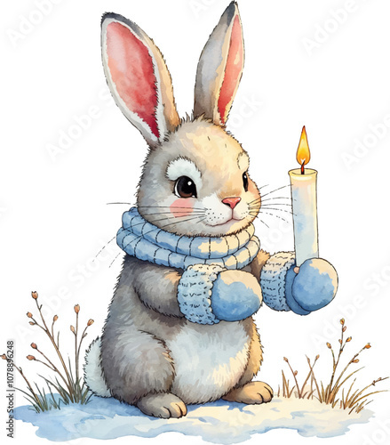 A cute rabbit in a cozy blue scarf holding a lit candle while surrounded by soft snow and grass in a winter setting. Watercolor kids Christmas illustration