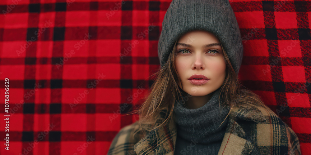 Cozy winter fashion: woman in warm plaid and beanie against red tartan background Cozy winter fashion: woman in warm plaid and beanie against red tartan background