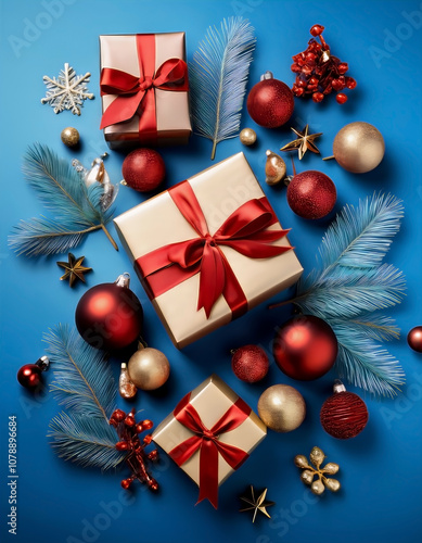 Luxurious Christmas gifts wrapped with red ribbons, surrounded by decorated ornaments on a stylish blue background, evoking holiday cheer and festivity 