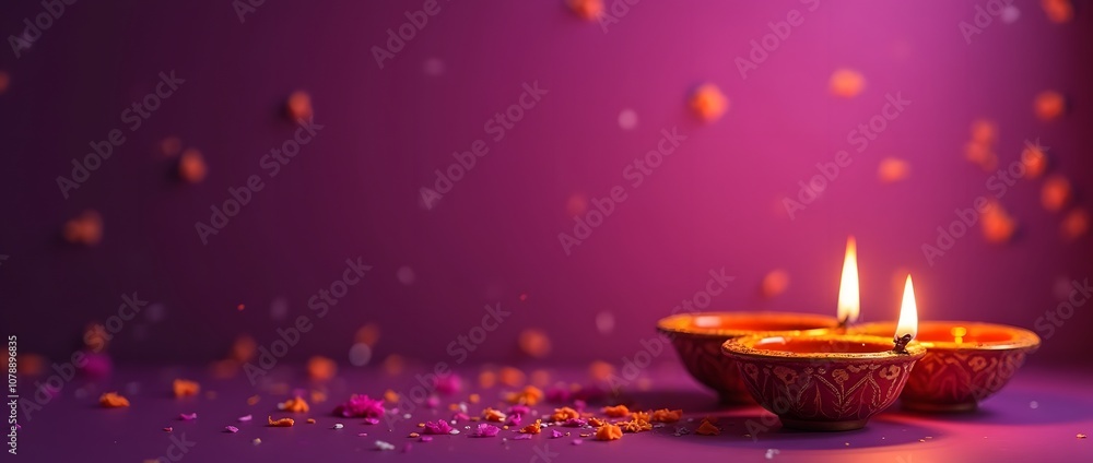 Traditional Diwali diyas with flower petals on a purple background Traditional Diwali diyas with flower petals on a purple background