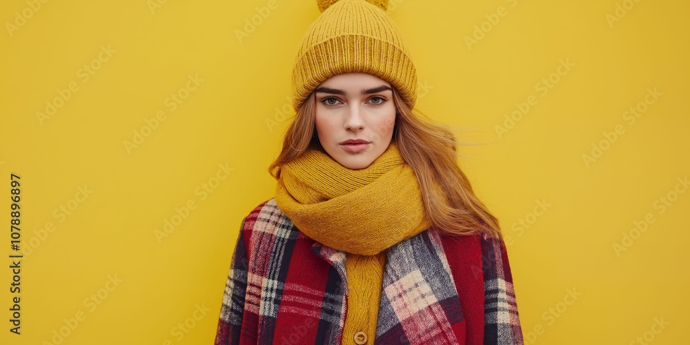 Fashionable woman in yellow hat and scarf against bright backdrop Fashionable woman in yellow hat and scarf against bright backdrop