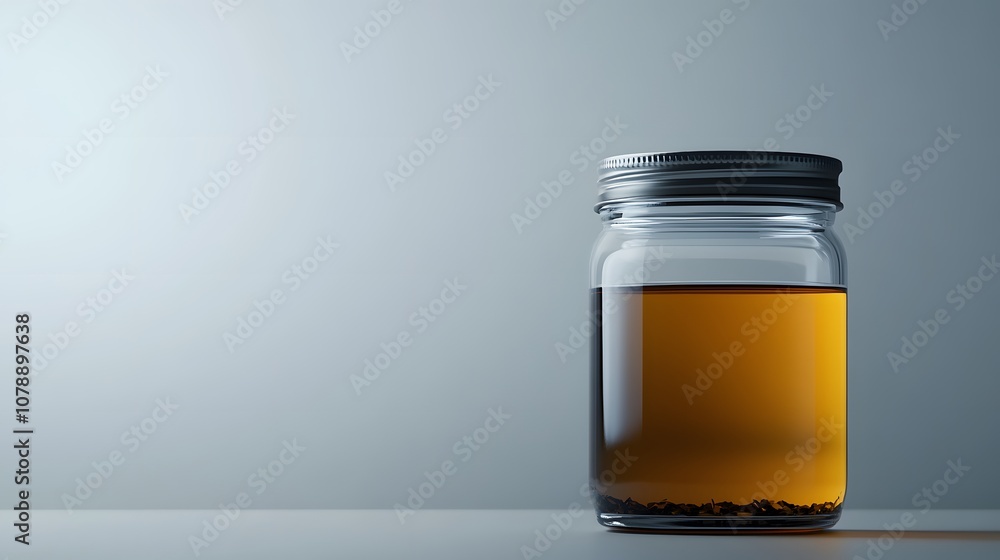 A soft gray background with a clear glass jar filled with freshly brewed tea, capturing a simple, clean aesthetic. No text, no logo, wide angle shot, cinematic scene, 4k resolution A soft gray background with a clear glass jar filled with freshly brewed tea, capturing a simple, clean aesthetic. No text, no logo, wide angle shot, cinematic scene, 4k resolution