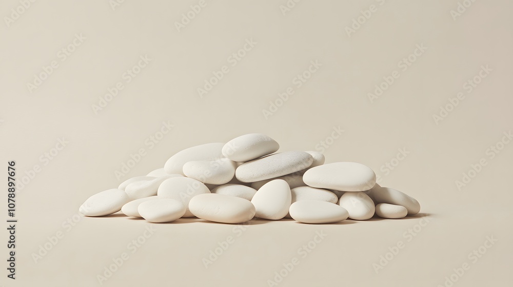 A plain beige background with a small pile of white pebbles arranged neatly, focusing on natural textures in a minimalist style. No text, no logo, wide angle shot, cinematic scene, 4k resolution A plain beige background with a small pile of white pebbles arranged neatly, focusing on natural textures in a minimalist style. No text, no logo, wide angle shot, cinematic scene, 4k resolution