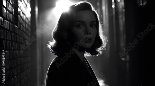 A black-and-white portrait of a woman standing in a dark alley, her face partially illuminated by a single streetlight, casting dramatic shadows across her features in a film noir style. No text, no